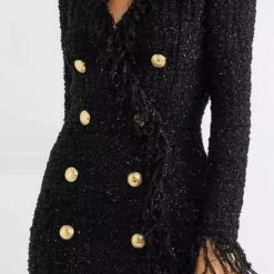 Jessica Bara Maria Tweed Fringe Gold Button Blazer Dress