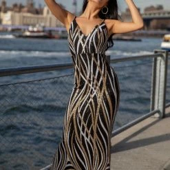 Jessica Bara Rosalyn V Neck Sequin Bodycon Gown