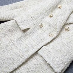 Influencer Style Jessica Bara Amara Tweed Double Breasted Gold Button Blazer Dress