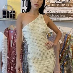 Jessica Bara Adrina One Shoulder Rhinestone Mini Dress Birthday Suit