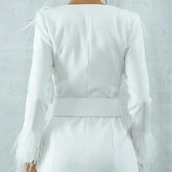 Birthday Suit Jessica Bara Anelle Deep V-Neck Belted Feather Jacket Dress