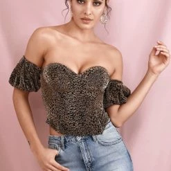 Jessica Bara Cali Off The Shoulder Leopard Crop Top Tops