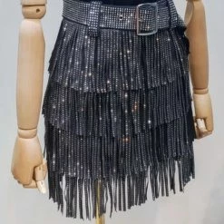 Jessica Bara Rachel Tassel Rhinestone Mini Skirt