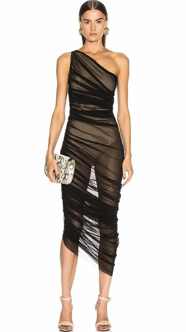 Influencer Style Jessica Bara Seaver One Shoulder Sheer Bodycon Dress