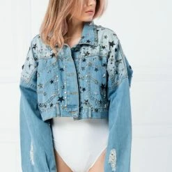Jessica Bara Adelia Star Distressed Cropped Denim Jacket