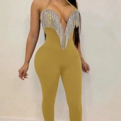 Jessica Bara Sofia Choker Rhinestone Fringe Jumpsuit