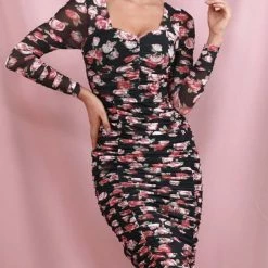 Jessica Bara Malia Bodycon Long Sleeve Floral Midi Dress Dresses