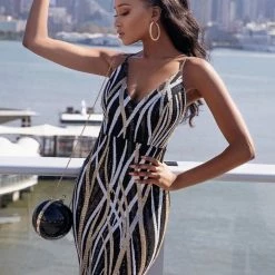 Jessica Bara Rosalyn V Neck Sequin Bodycon Gown