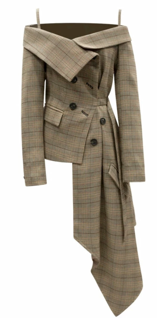 Jessica Bara Alora Plaid Off The Shoulder Asymmetrical Blazer