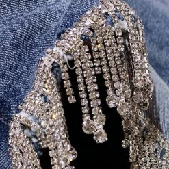 ReveBoutique Jessica Bara Jorjina High Waisted Rhinestone Tassel Denim Shorts