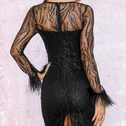 Birthday Suit Jessica Bara Willow Feather Glitter Long Sleeve Midi Dress