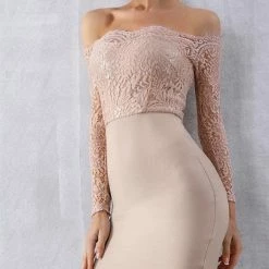 Birthday Suit Jessica Bara Finley Off The Shoulder Lace Bandage Midi Dress