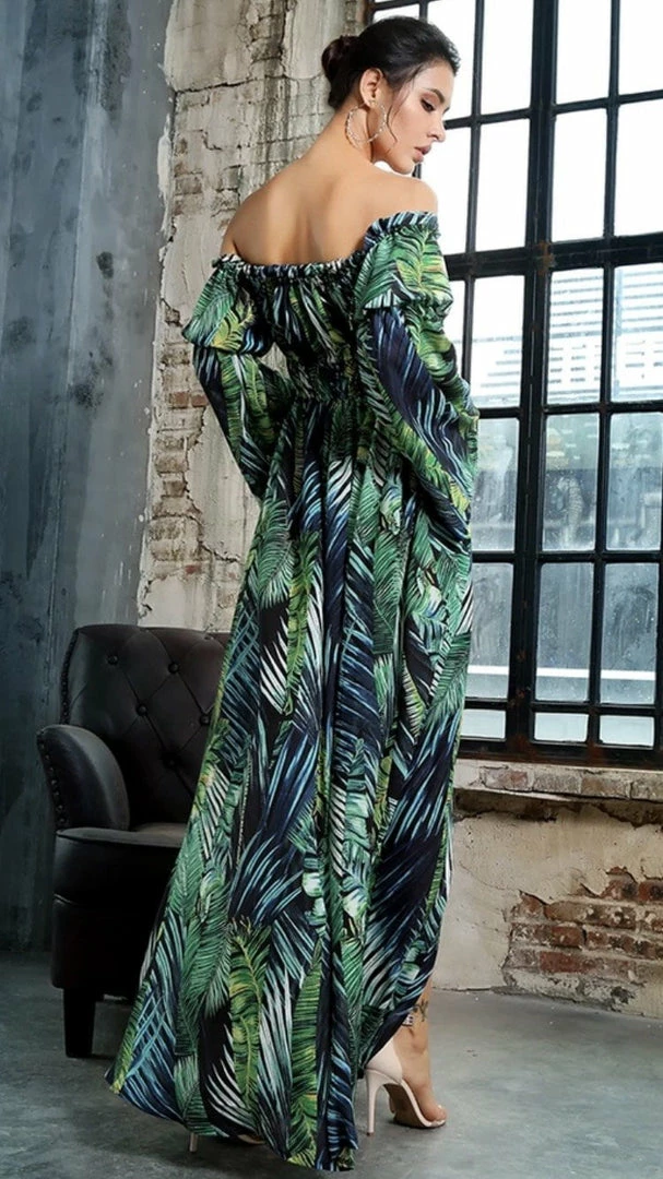 Jessica Bara Trini Palm Tree Off Shoulder Maxi Dress