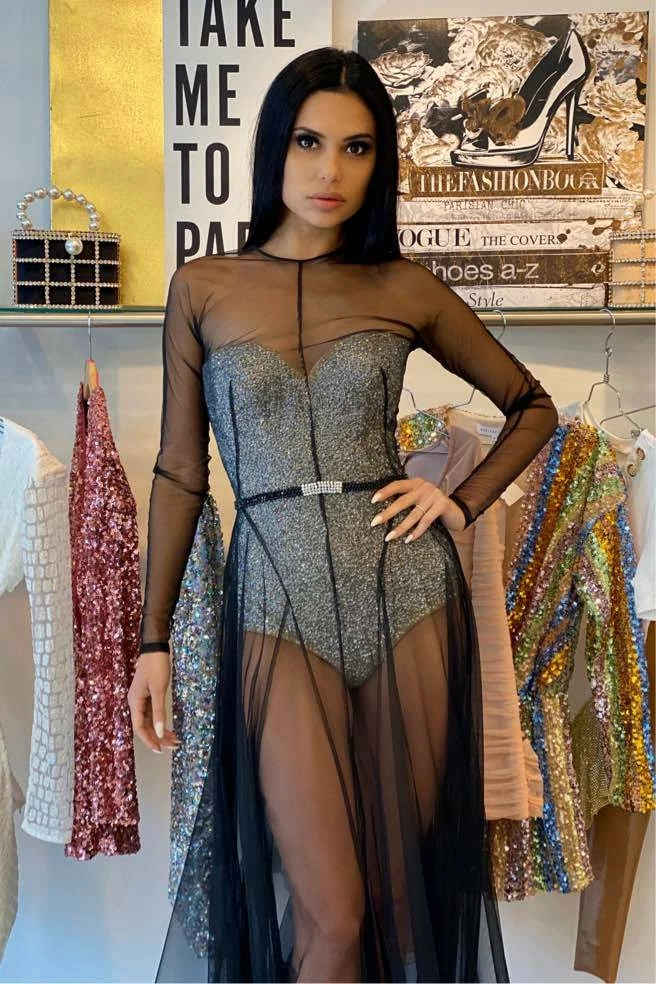Jovani Long Sleeve Sheer Rhinestone Bodysuit Gown