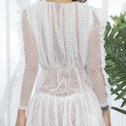 Best Sellers Jessica Bara Dionne Long Sleeve Deep V-Neck Polka Dot Mesh Mini Dress