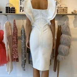 Jessica Bara Luella Ruffle Shoulder Bodycon Dress Birthday Suit
