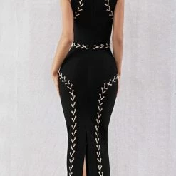 Jessica Bara Camellia Lace Up Bodycon Midi Dress Dresses