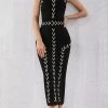 Jessica Bara Camellia Lace Up Bodycon Midi Dress Dresses