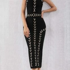 Jessica Bara Camellia Lace Up Bodycon Midi Dress Dresses