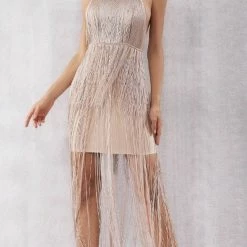Jessica Bara Tonino Fringe Rose Gold Mini Dress