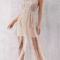 Jessica Bara Tonino Fringe Rose Gold Mini Dress