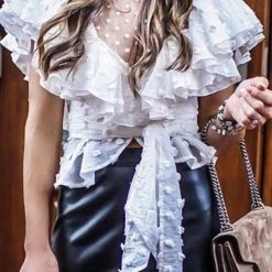 Summer Lovin' Jessica Bara Kynlee Ruffle Polka Dot Chiffon Blouse