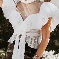 Summer Lovin' Jessica Bara Kynlee Ruffle Polka Dot Chiffon Blouse