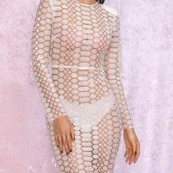 Jessica Bara Dylan Mesh Glitter Long Sleeve Midi Dress