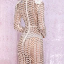 Jessica Bara Dylan Mesh Glitter Long Sleeve Midi Dress