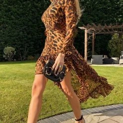 Jessica Bara Lynn Leopard Cut-Out Hi-Lo Long Sleeve Dress