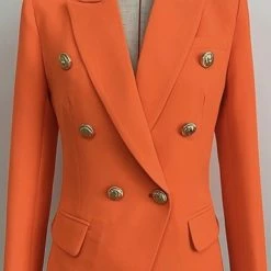 Jessica Bara Donatella Neon Orange Gold Button Blazer