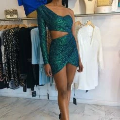 Jessica Bara Anabelle Long Sleeve Glitter Mini Dress Influencer Style