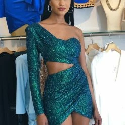 Jessica Bara Anabelle Long Sleeve Glitter Mini Dress Influencer Style