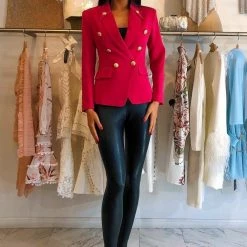 Influencer Style Jessica Bara Luisa Raspberry Gold Button Blazer