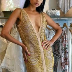 Influencer Style Jessica Bara Gianna Fringe Gold Mini Dress