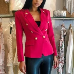 Influencer Style Jessica Bara Luisa Raspberry Gold Button Blazer