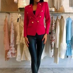 Influencer Style Jessica Bara Luisa Raspberry Gold Button Blazer