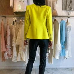 Jessica Bara Donatella Neon Lime Gold Button Blazer Influencer Style