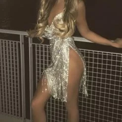 Birthday Suit Jessica Bara Kassidy Halter Tassel Rhinestone Dress