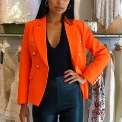 Jessica Bara Donatella Neon Orange Gold Button Blazer