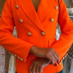 Jessica Bara Donatella Neon Orange Gold Button Blazer