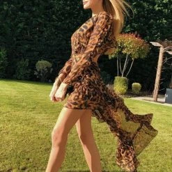 Jessica Bara Lynn Leopard Cut-Out Hi-Lo Long Sleeve Dress Influencer Style