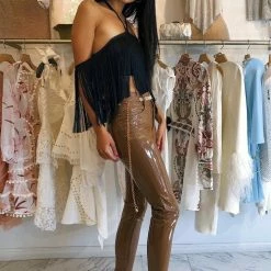 Jessica Bara Jane Open Shoulder Fringe Crop Top