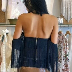 Jessica Bara Jane Open Shoulder Fringe Crop Top