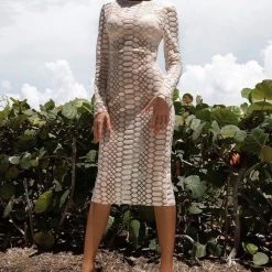 Jessica Bara Dylan Mesh Glitter Long Sleeve Midi Dress