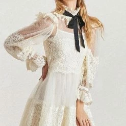 Summer Lovin' Jessica Bara Greta Long Sleeve Neck Tie Lace Mini Dress