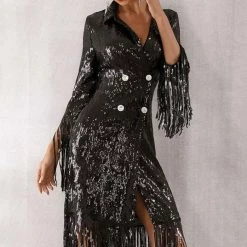 Jessica Bara Clancy Sequin Tassel Double Breasted Dress