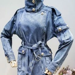 Reve Doll Essentials Jessica Bara Jayden Belted Gold Button Denim Jacket