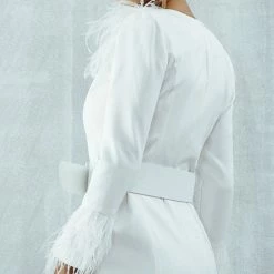 Birthday Suit Jessica Bara Anelle Deep V-Neck Belted Feather Jacket Dress