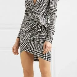 Jessica Bara Kimia Puff Sleeve Houndstooth Belted Mini Dress Birthday Suit